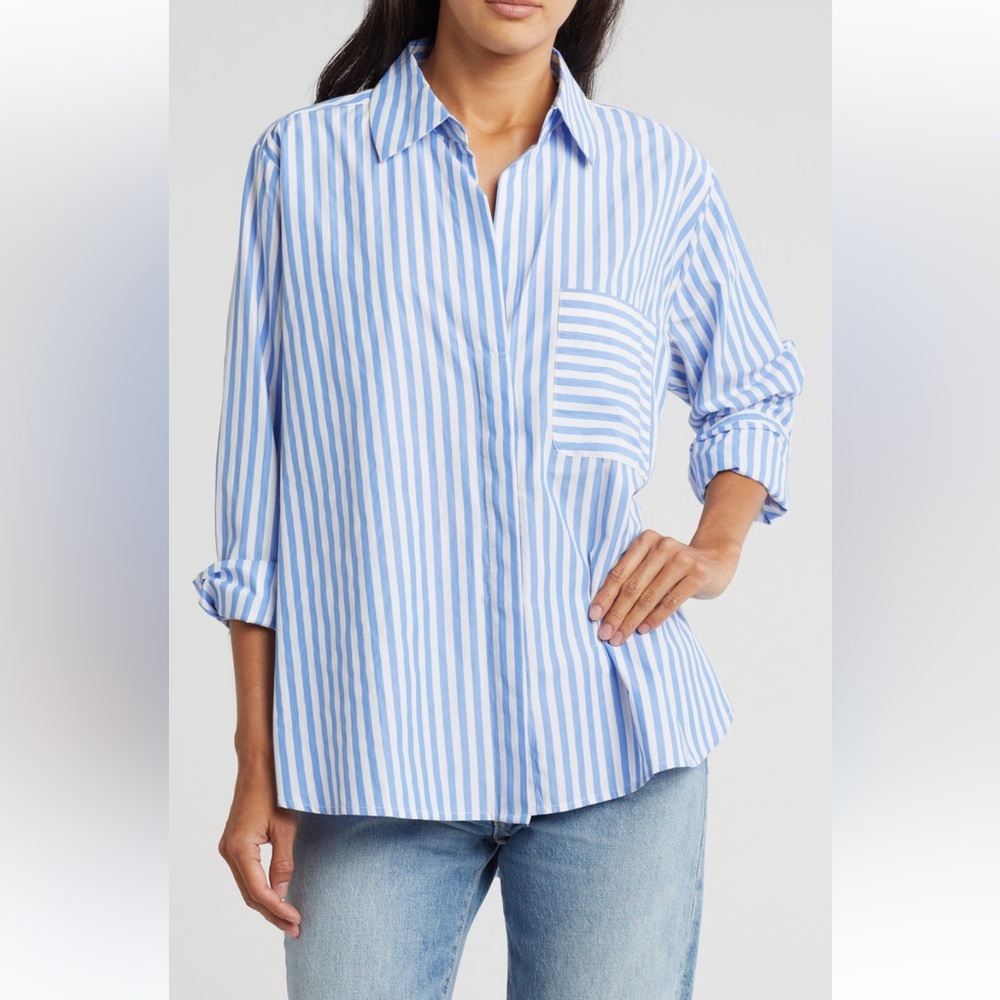 French connection thick stripe shirt
Blue and White Striped Button-Up Shirt